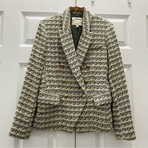 L'Agence Kenzie Double Breasted Tweed Blazer Jacket Olive Green Metallic Gold 8
